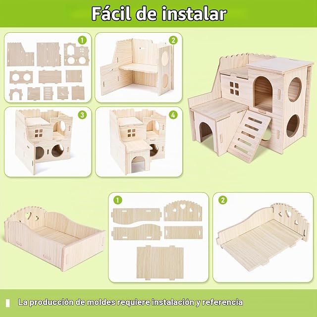 Foto 5 de 7 de Vegena juguete para hámster, casa DIY de madera, 7 piezas, carrete de campana, puente, columpio