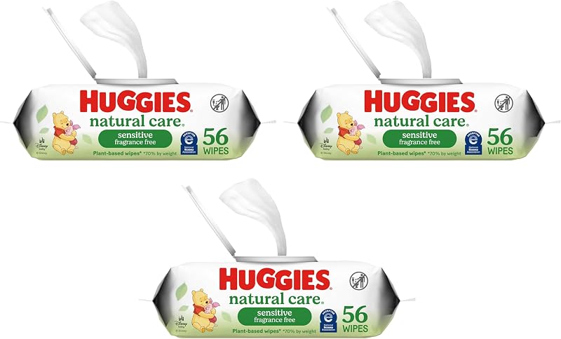 Toallitas para bebés sensibles Natural Care, sin perfume, hipoalergénicas, 99% de agua purificada, 1 paquete con tapa abatible (56 toallitas en total) (paquete de 3)