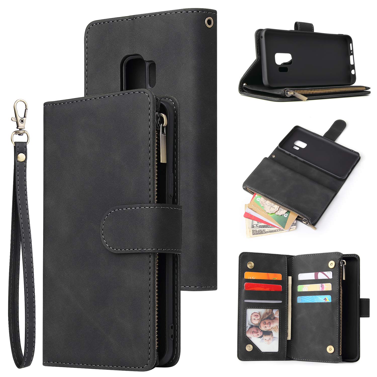 UEEBAI Wallet Case for Samsung Galaxy S9 Plus, PU Leather Case Magnetic Closure Handbag Zipper Pocket Case Kickstand Card Slots with Hand Strap Marple