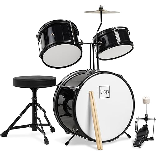Best Choice Products 3-Piece Beginner Drum Set for Kids Juniors, w/Throne Stool, Cymbal, Drum Sticks, Bass Drum Pedal, 2 Toms - Black