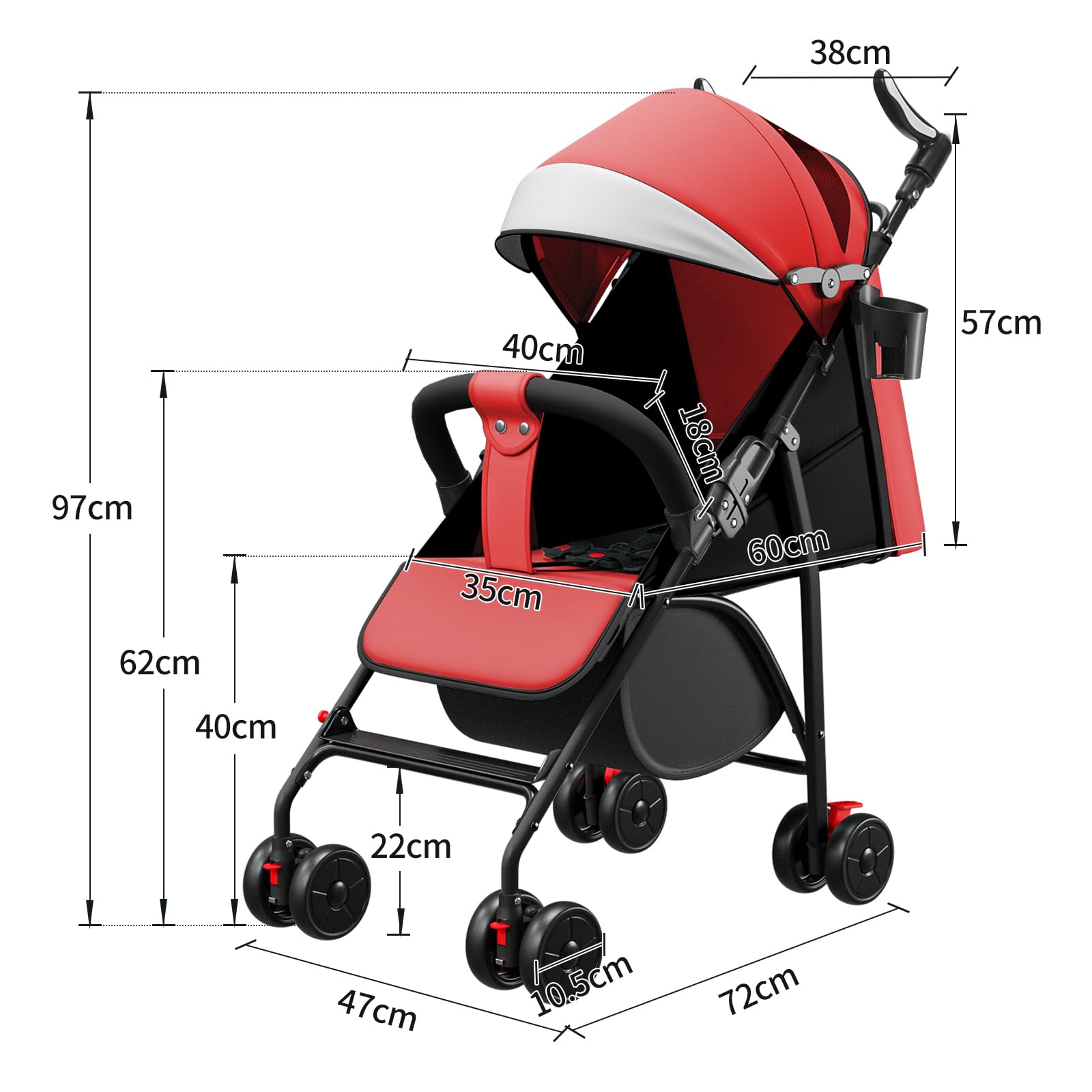 OHMG Passeggino per bambini da 0 a 4 anni, 0 a 22 kg, 3 posizioni di riposo, posizione piatta, pieghevole, con tracolla, imbracatura a 5 punti, cestino, freno a pedale