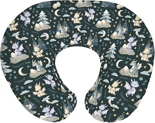 Funda de almohada de lactancia de dragones de cuento de hadas para niños y niñas, diseño de dragón, luna, estrellas, nubes, árboles, huevos, funda