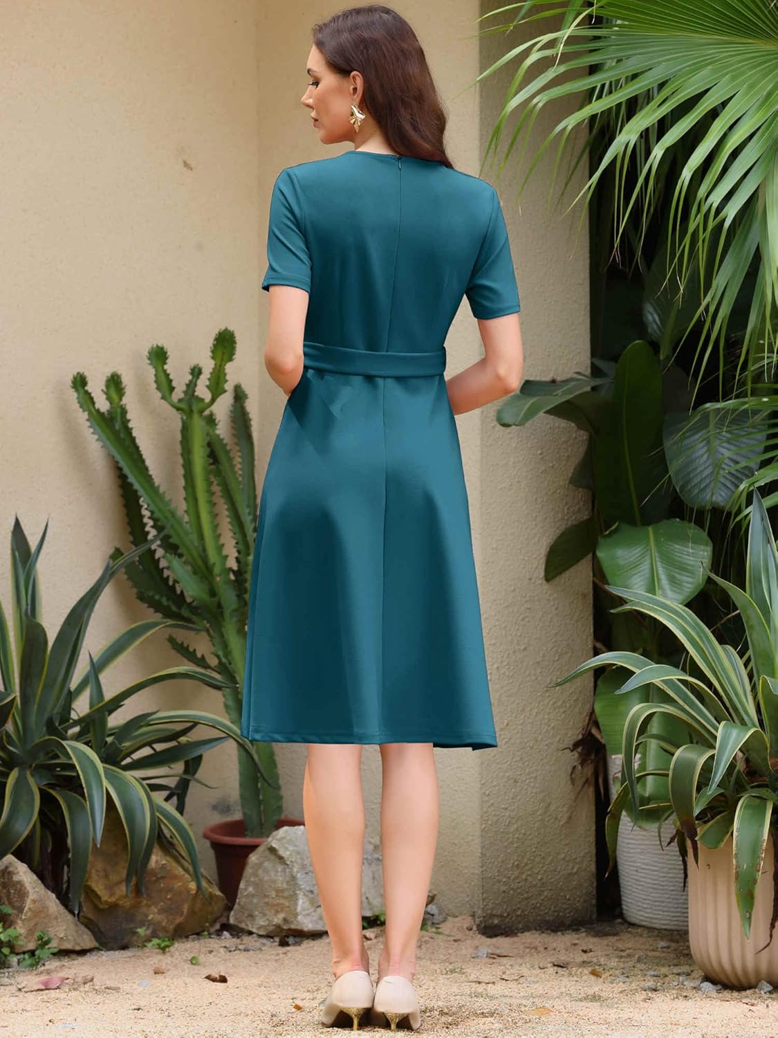 Women's A-Line Dress Short Sleeve Split Neck Midi Dresses with Belted - Image 4