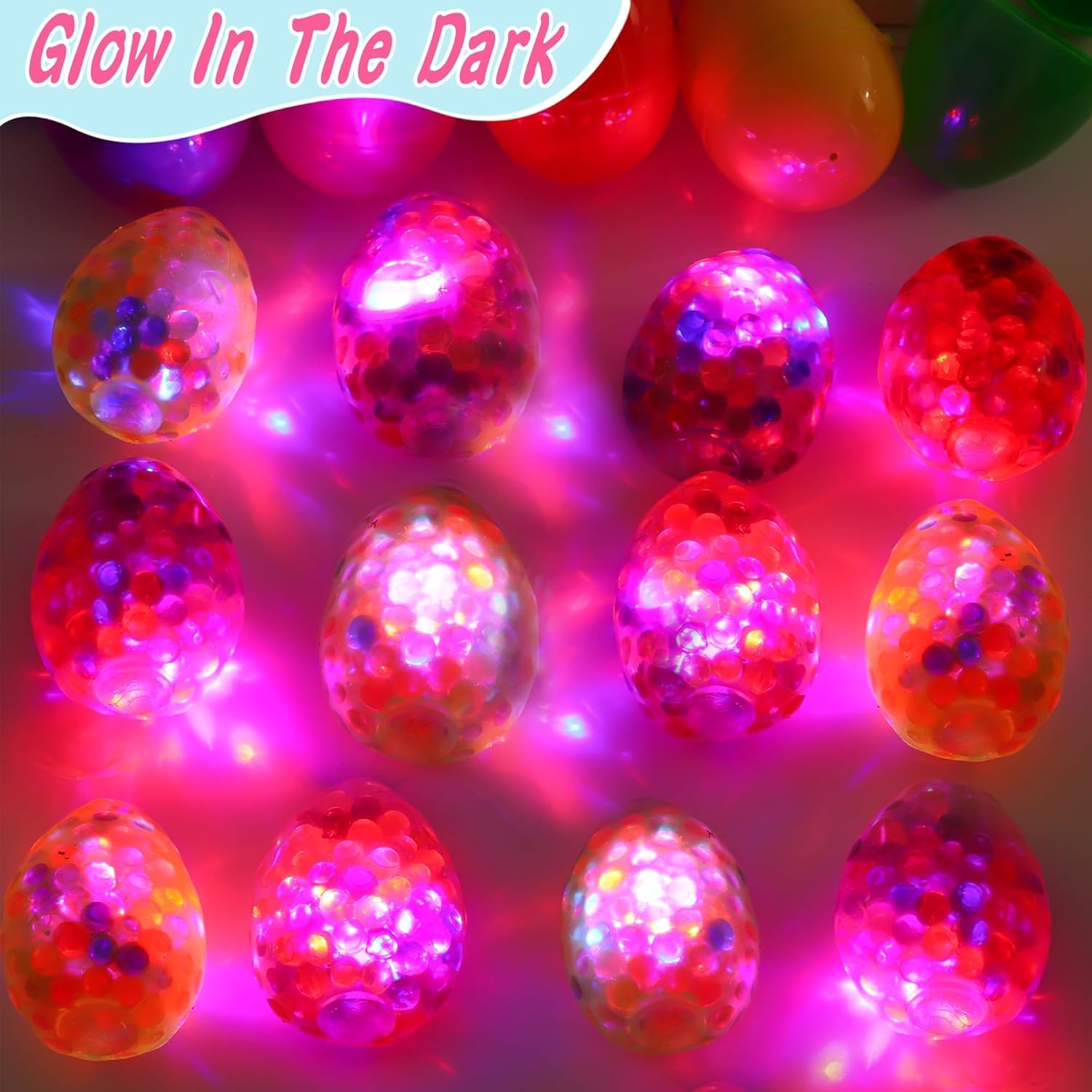 Prefilled Easter Eggs, 12 Pack Light up Fidget Stress Balls Easter Basket Stuffers Glow in The Dark Squeeze Balls Toys for Kids — view 3