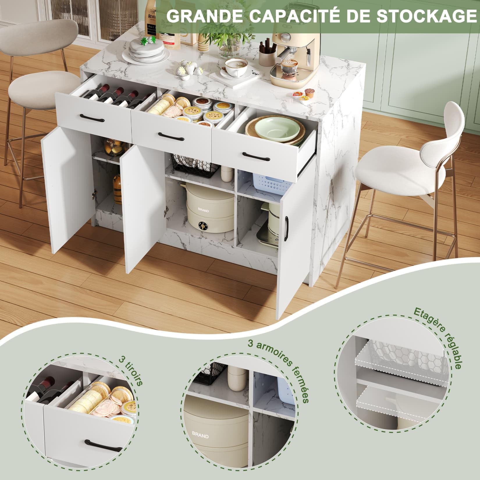 PUGSDRLY Îlot Central Cuisine au Design Marbré avec Table Bar,Étagères Réglables,3 Tiroirs Silencieux,Buffet Meuble Cuisine pour Salon et Salles à Manger (D- Marbre Blanc)