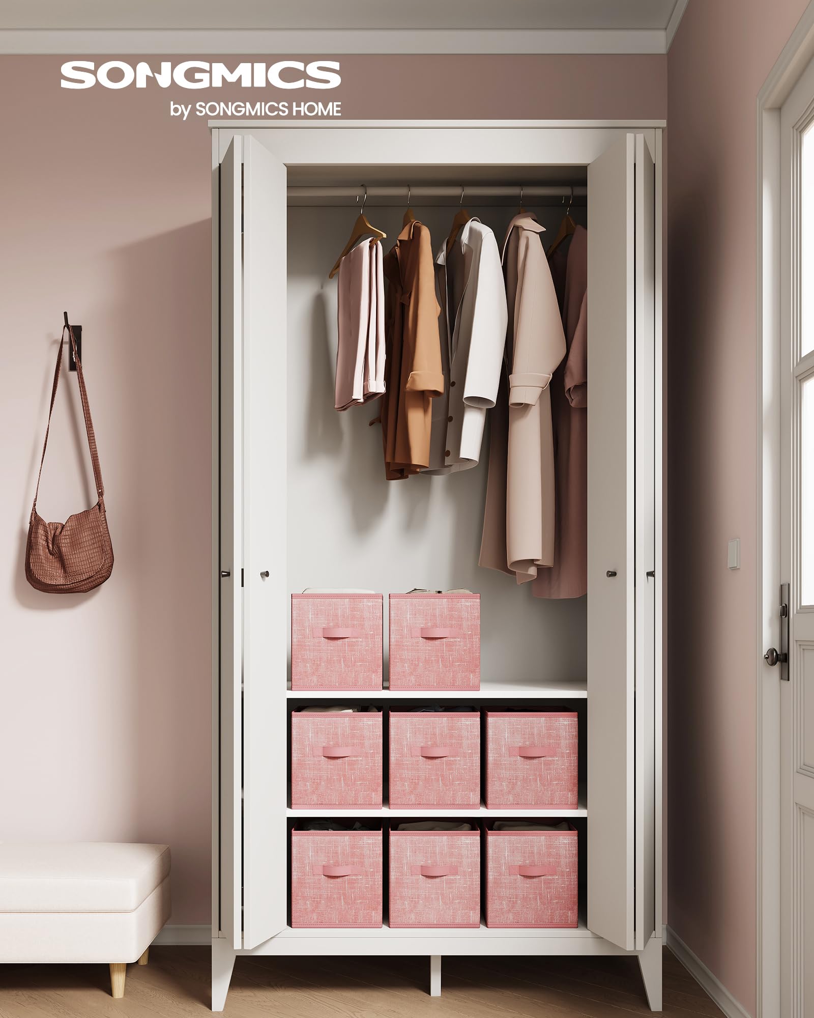 SONGMICS Set di 8 cubi portaoggetti in tessuto non tessuto con doppi manici da 27,9 cm, organizer per armadio, per mensole, pieghevoli, per vestiti, rosa gelatina UROB826R01
