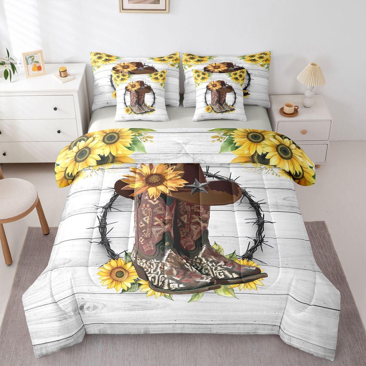 Western Comforter Set 7-Piece Bed in a Bag Twin Sunflower Bedding Sets Cowboy Boots for Men,Bohemian Flowers Comforter and Sheet Set,Cowboys Gifts for Women,Cowboy Hats Bed Sets,Rustic Farmhouse Decor