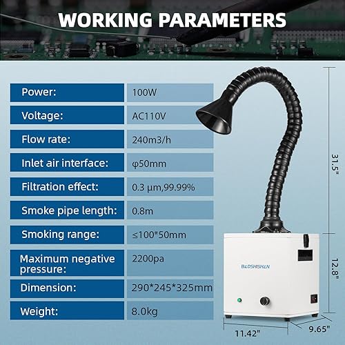 Miniatura 7 de BAOSHISHAN Extractor de humos de soldadura 100 W Absortor de humo de soldadura fuerte con filtro de 3 etapas para soldadura, absorción de humo,