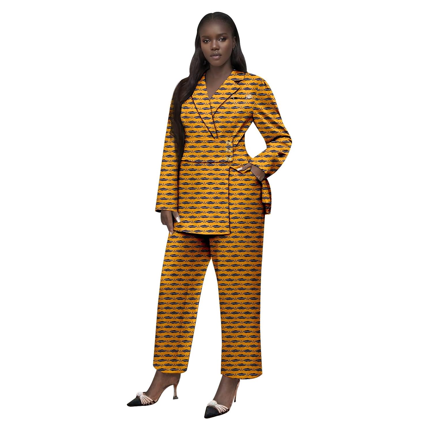 African Clothes for Women Brooch Blazer and Ankle Pants 2 Piece Set Ankara Attire Print Outfits with Belt