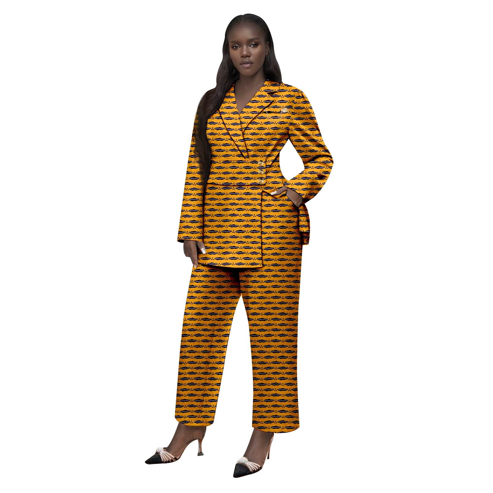 African Clothes for Women Brooch Blazer and Ankle Pants 2 Piece Set Ankara Attire Print Outfits with Belt
