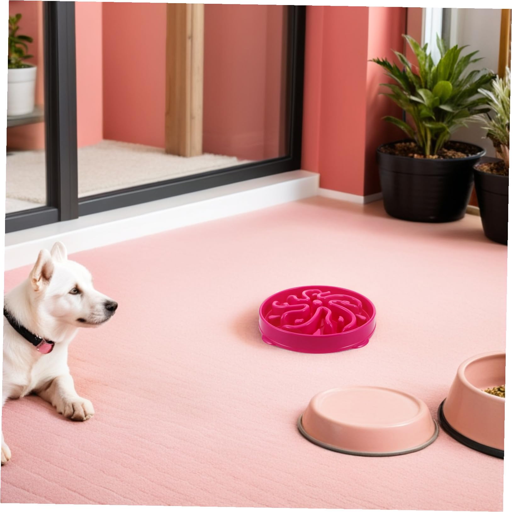 Comedero Lento para Perros y Gatos de Gran Capacidad, Cuenco Plástico Diseño Antiatragantamiento en Forma de Flor, Tazón Antipánico Rosa Fucsia para Alimentación Saludable y Lenta