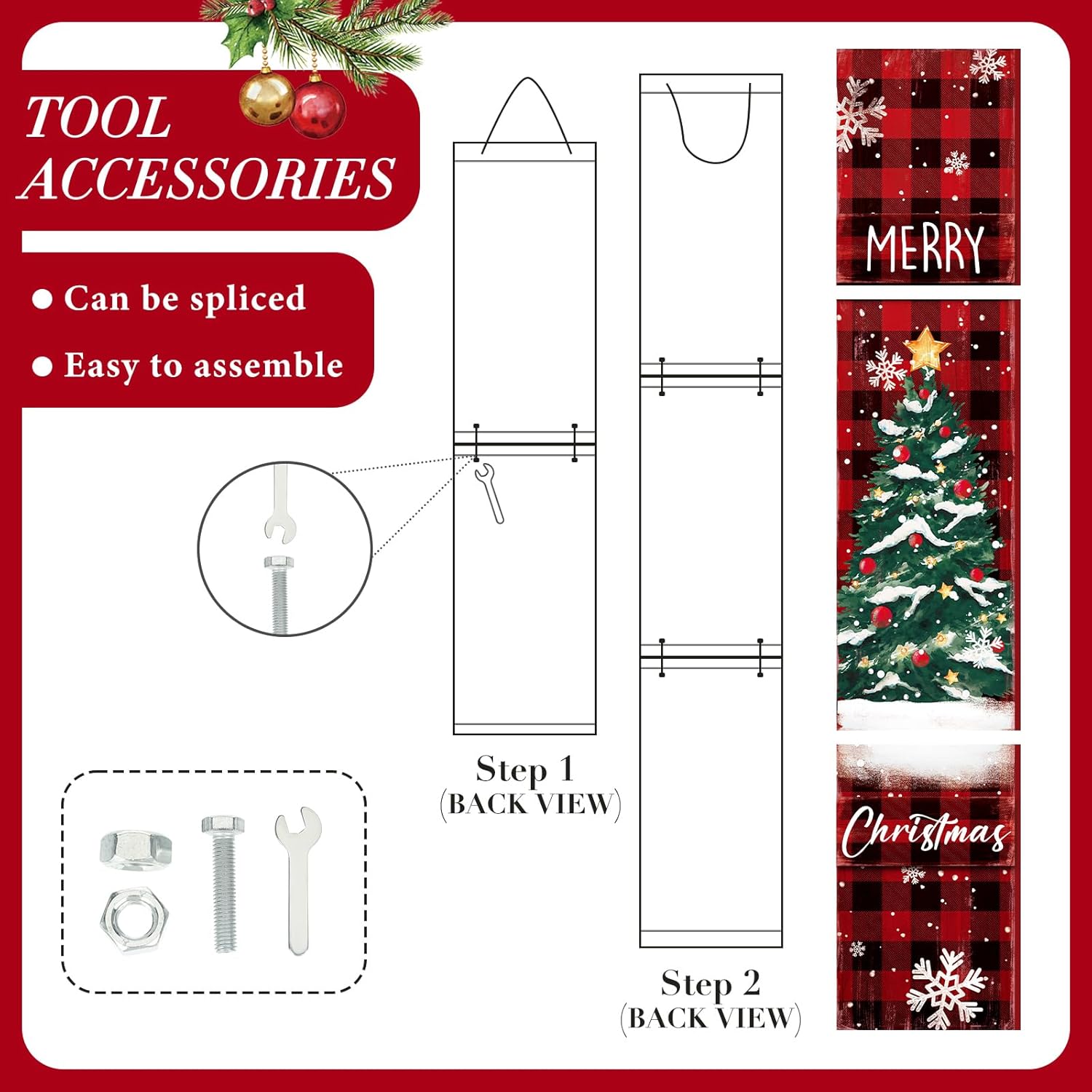47" Christmas Front Porch Sign Buffalo Plaid Wooden Sign Merry Christmas Standing Vertical Door Hanger Rustic Xmas Front Porch Decor for Farmhouse Door Decoration