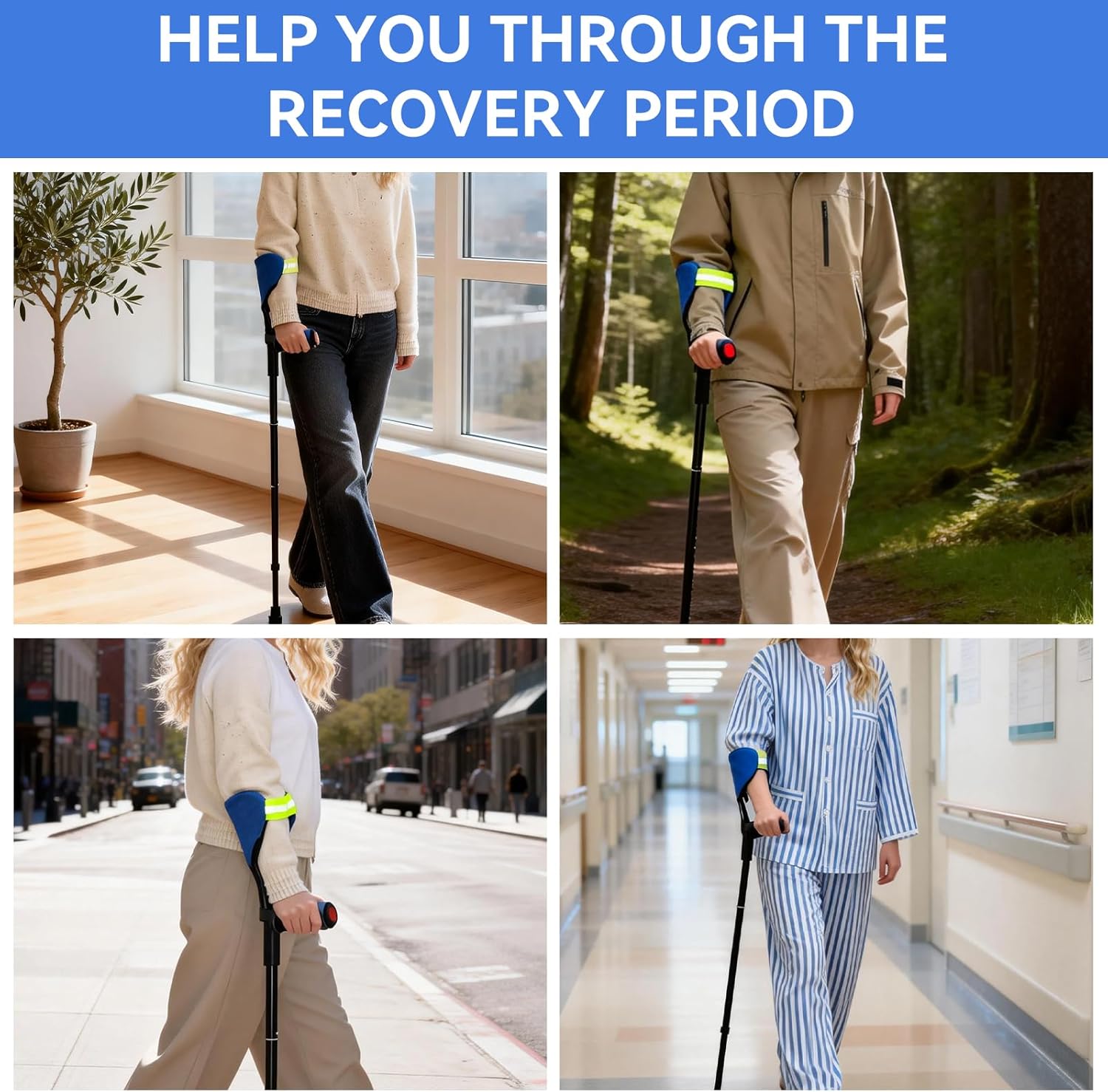 Ergonomic Forearm Crutches for Adults, Height Adjustable & Foldable Walking Crutches with Anti-Slip Base & Cuffs, Lightweight Mobility Aid for Travel