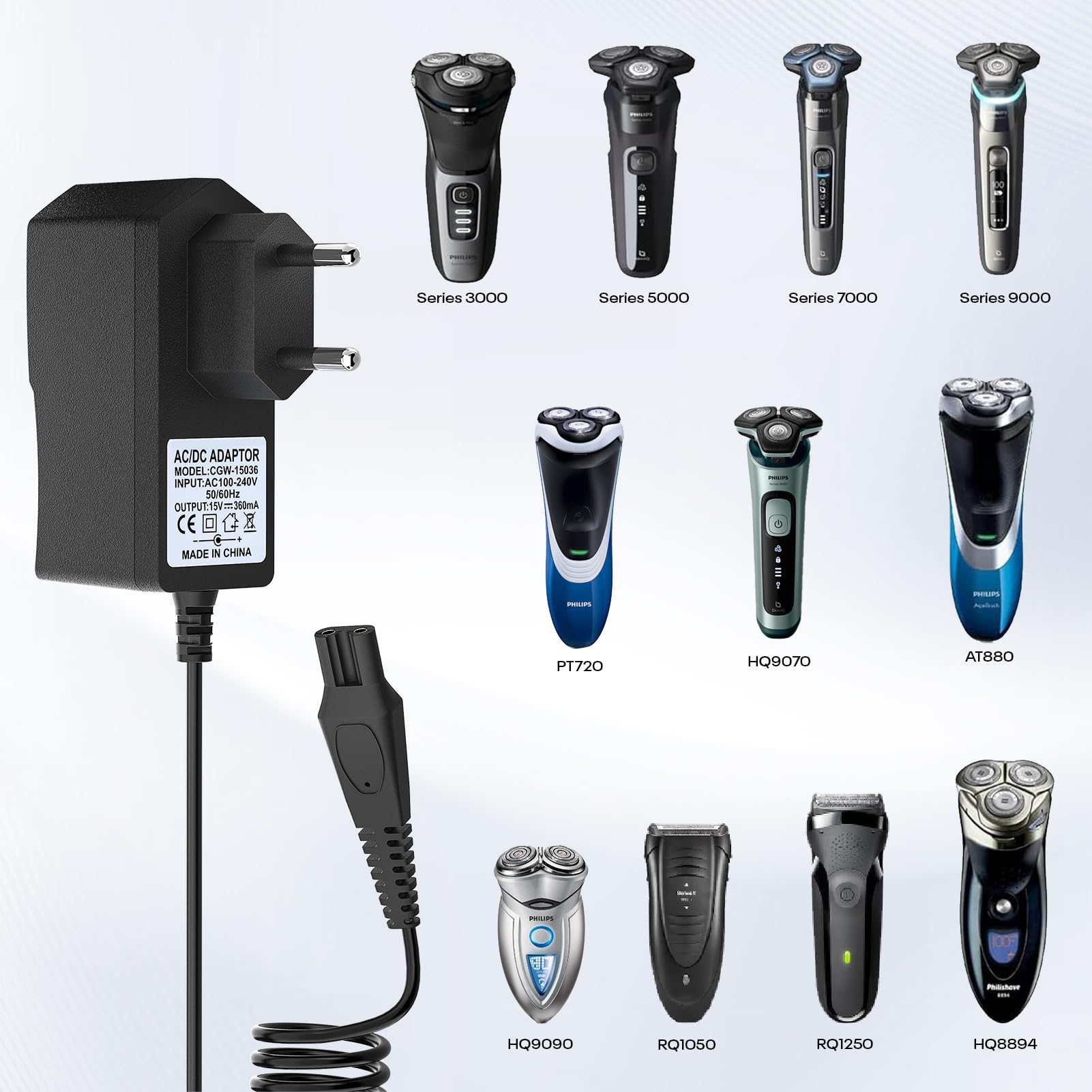 GlasFlength Ładowarka do golarki Philips HQ8505, 15 V do kabla ładującego 5,4 W do kabla ładującego do QG3200 QG3300 serii QT4050 CRP136 kabel ładujący do Philips PT720 HQ8830 RQ1250 (czarny)