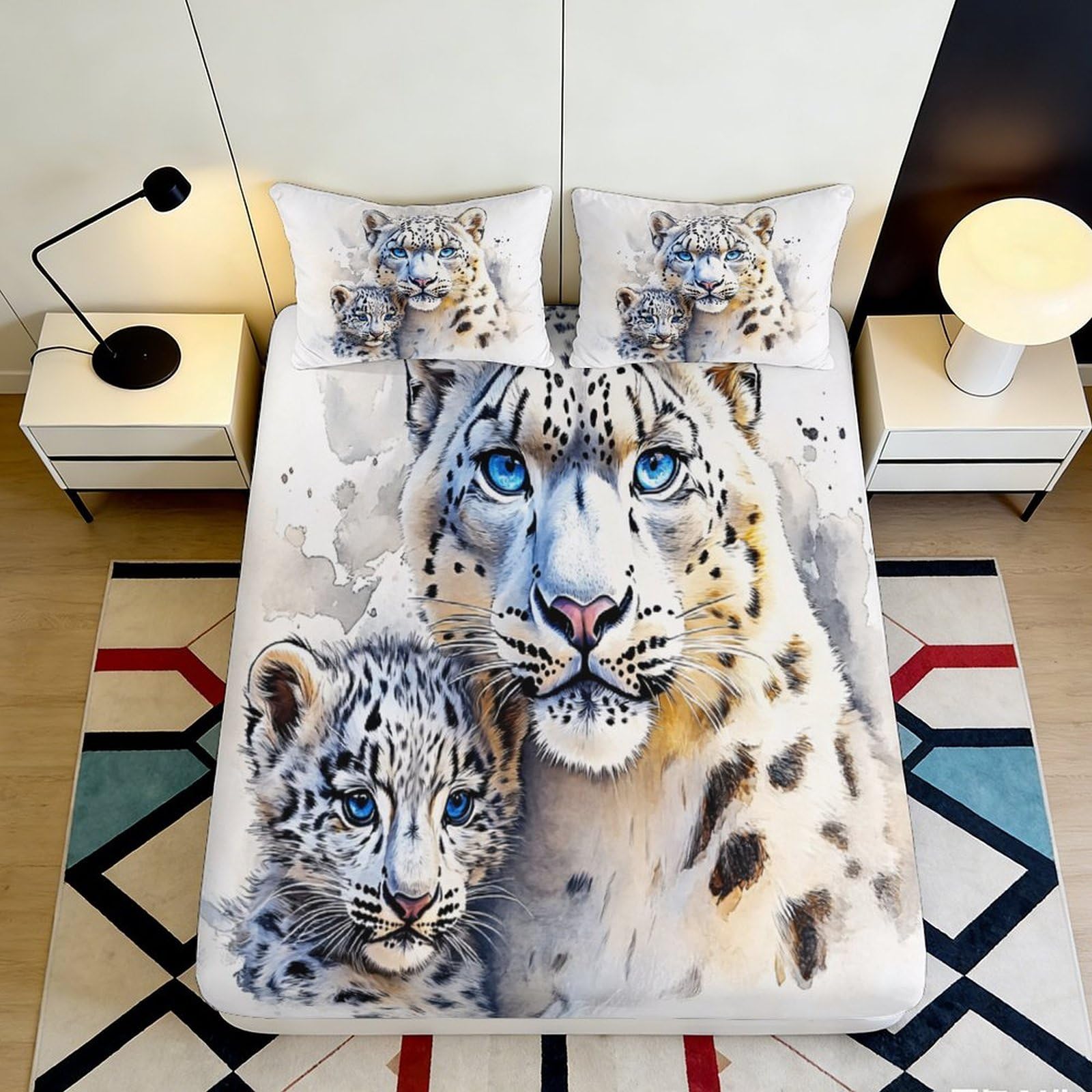3D Printed Snow Leopard Fitted Sheet Microfiber Soft Breathable Wild Animal Bed Cover for Bedroom Dormitory Guest Room Mattress Protection Decor 120x200x25cm