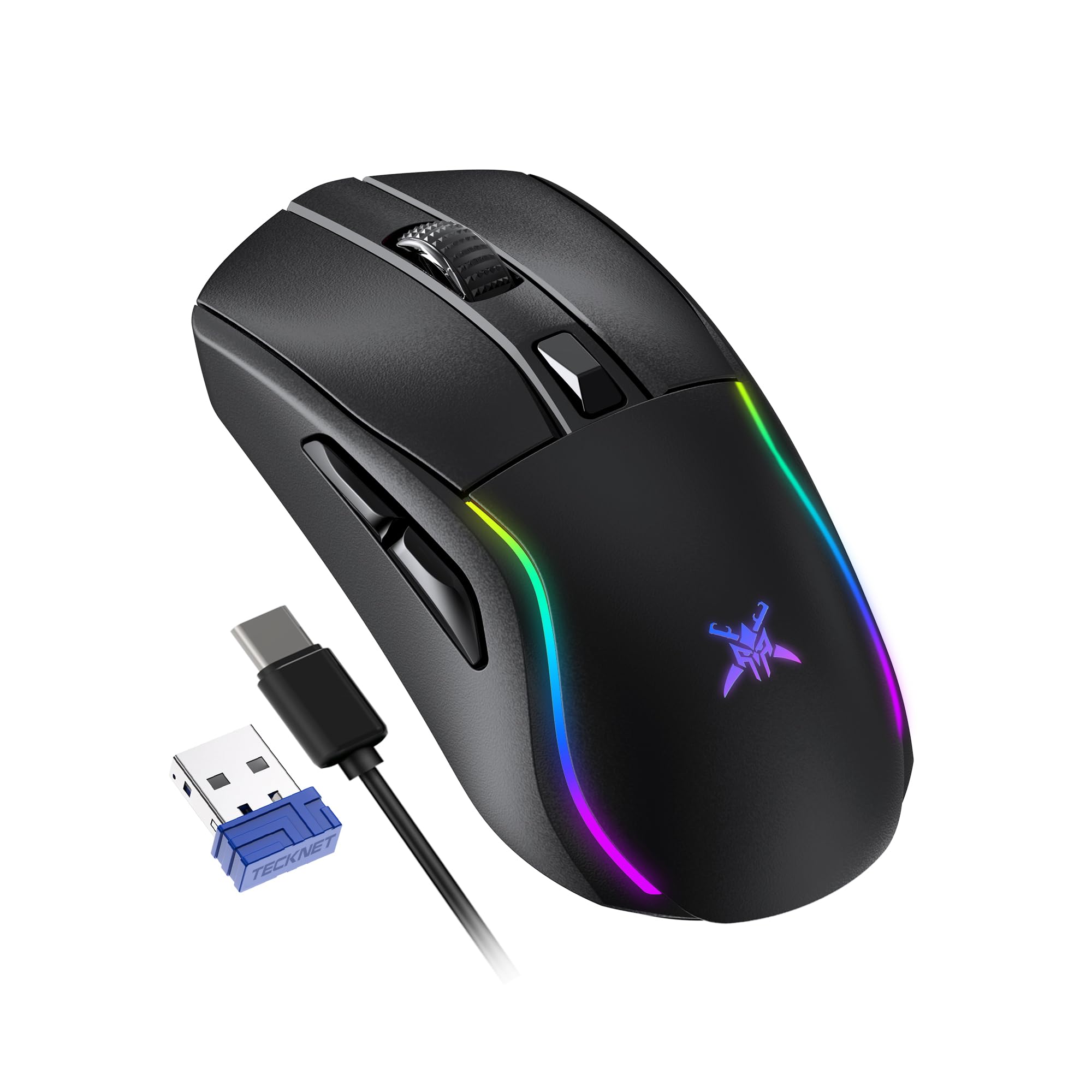 TECKNET Ratón Gaming Inalámbrico 24000 dpi, Conexión Bluetooth / 2.4G / USB-C, Recargable, 1000 Hz Tasa de Sondeo, 6 Botones Programables y Luces RGB Personalizables, Ergonómico para PC/Mac Global Recycled Standard Global Recycled Standard Global Recycled Standard