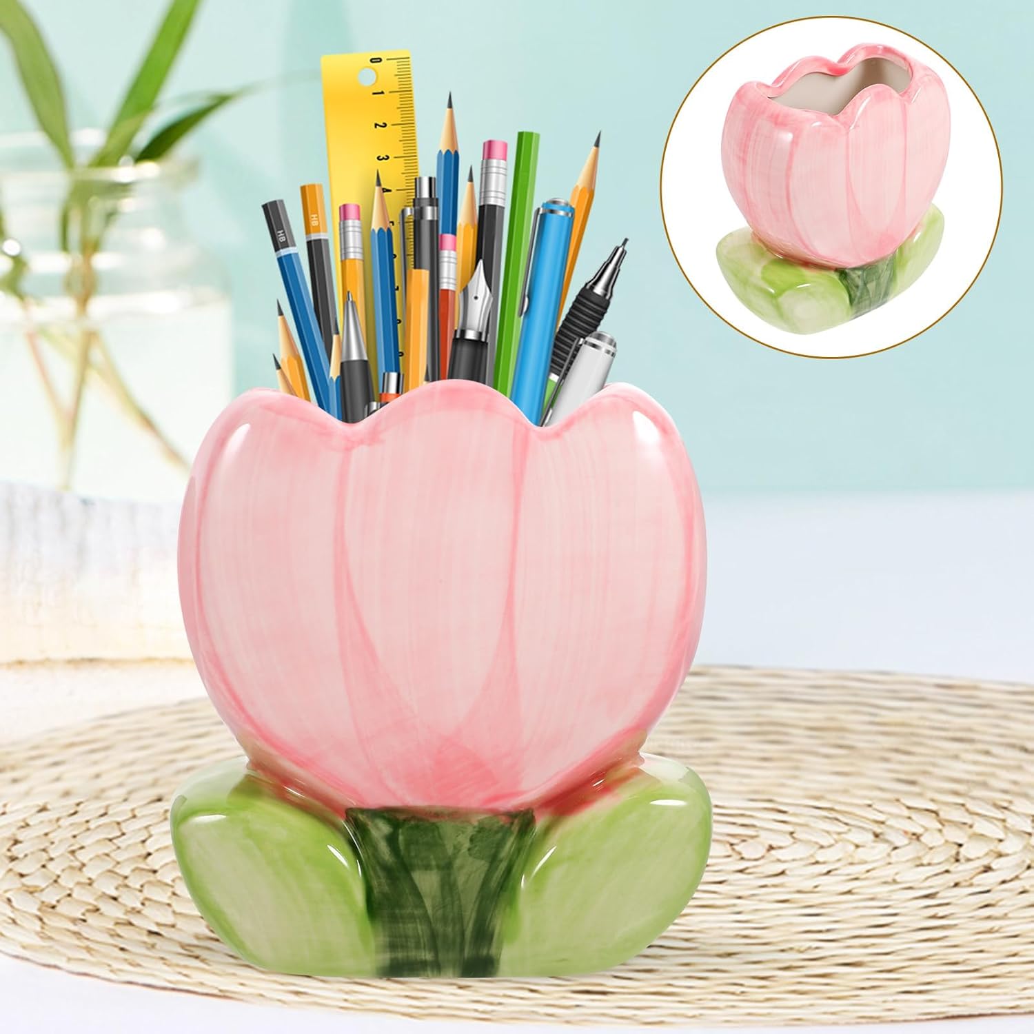 VILLCASE Tulip Makeup Brush Holder Ceramic Pen Holder, Cute Pink Design Stationery Pencil Stand Cups Desk Organizer Small Storage Container for Home Office Decor