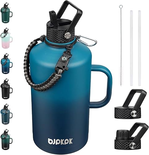 BJPKPK Botella de agua de 1 galón aislada con tapa con pajilla, 50 onzas, 64 onzas, 87 onzas, 128 onzas, grandes, botellas de agua de acero