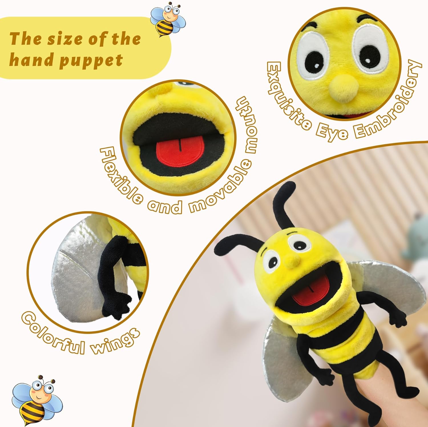 Hand Puppet Realistic Plush Puppet 13",Insect Animal Puppets for Kids Insect Stuffed Animal Hand Puppet with Moveable Mouth,Soft Stuffed Bee Puppet Story Toy Puppets Role Play Show Game