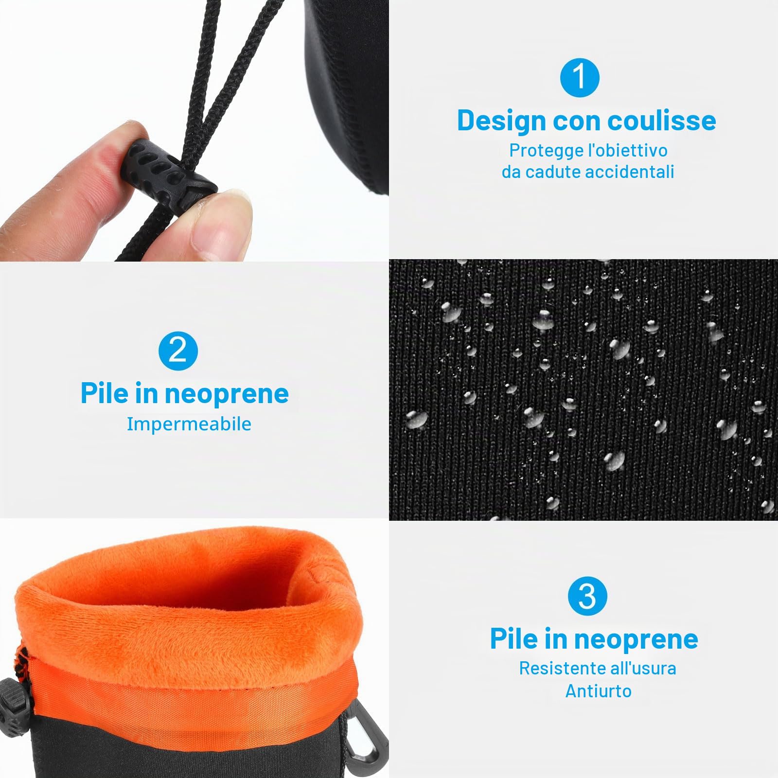 PATIKIL Borsa per Obiettivo Fotografico, 2 Pz,3.1" Idx3.9 H Sacchetto Coulisse Neoprene Spesso Protettivo Custodia Obiettivo Fotocamera Dslr, Tazze d'Acqua e Caffè, Nero, Arancione