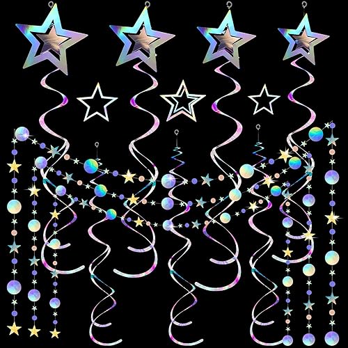 37 piezas de decoraciones holográficas iridiscentes para fiestas, remolinos con purpurina, guirnalda de galaxia, suministros de fiesta de estrella