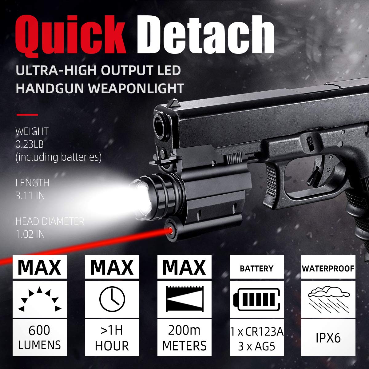 COSMOING Rail Mounted Pistol Red Laser Light Combo (Laser Sight Combo) & 600 Lumen Strobe Pistol