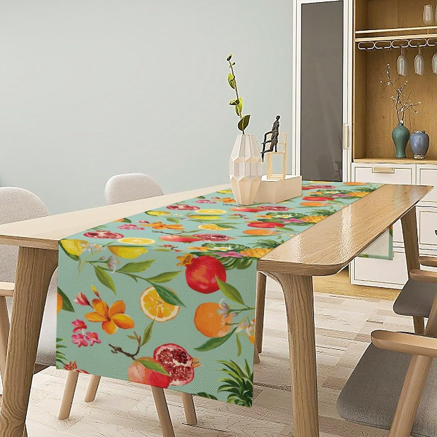 Fruit Table Runner Colorful Fresh Tropical Fruit Plant Leaves Green Decoration for Home Party Kitchen Dining Table 13x120 inch