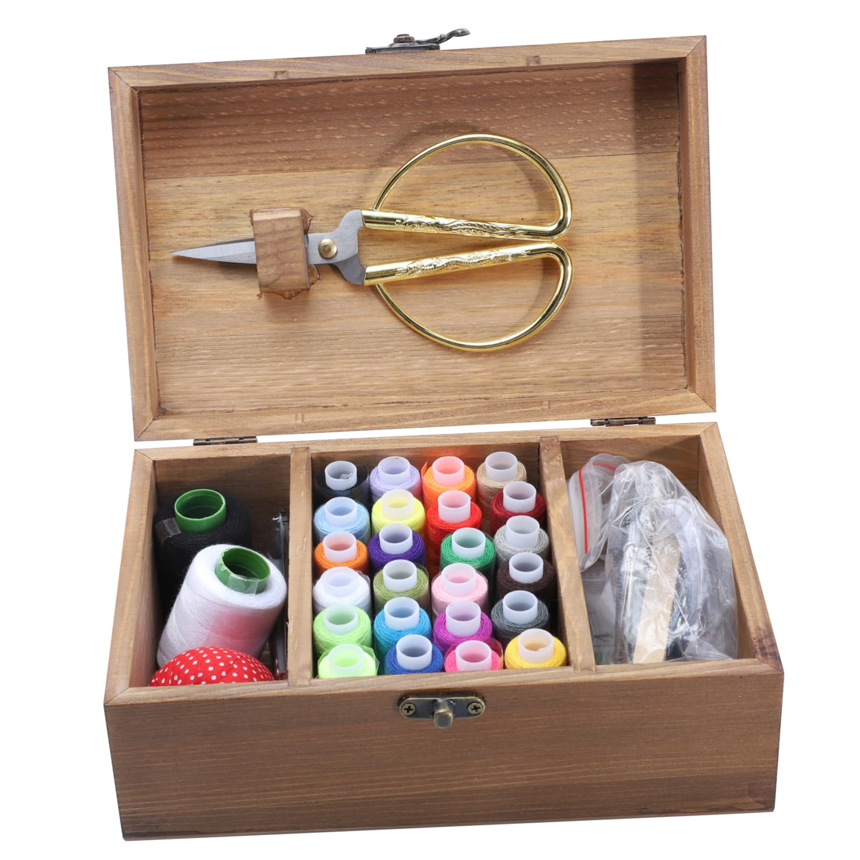OSALADI 1 Set Scatole da Cucito Legno Vintage con Accessori Completi Kit Pratico per Cucito Fai da Te con Aghi Fili e Forniture per Appassionati DIY