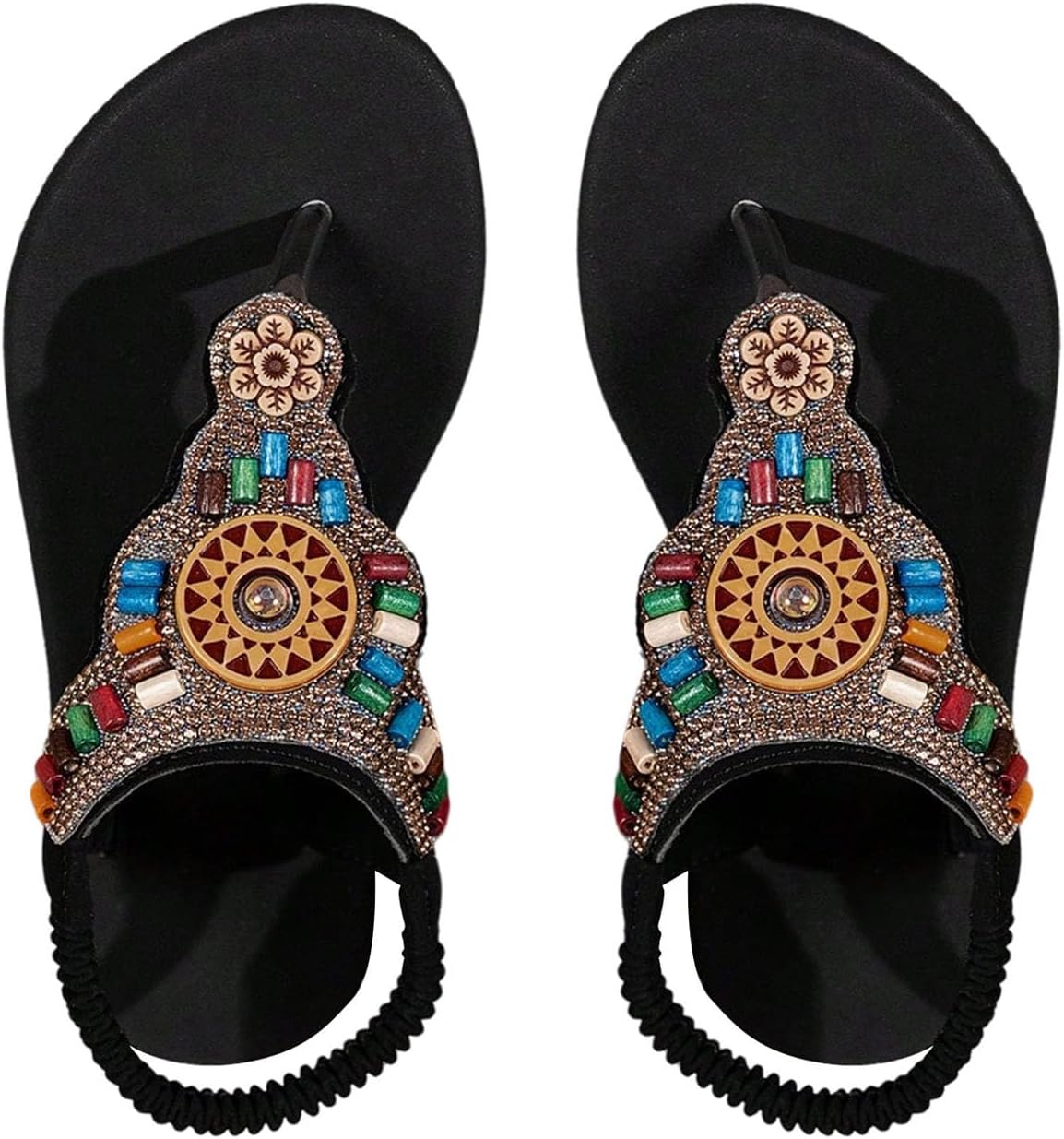 GORGLITTER Girl's Sandals Summer Beach Vacation Cute Dress Shoes Bead Open Toe T Strap Flat Sandals Slip on Slides
