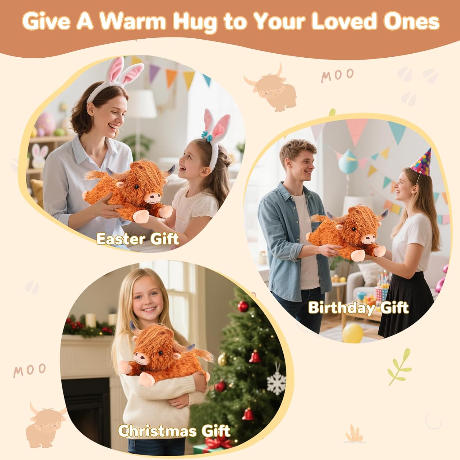Highland Cow Heating Pad for Period Cramps Menstrual Pain Relief, Portable Electric Heat Pads USB Powered, Cute Cows Plush Stuffed Animals Gift, Funny Gifts for Women Teen Girls Birthday Christmas
