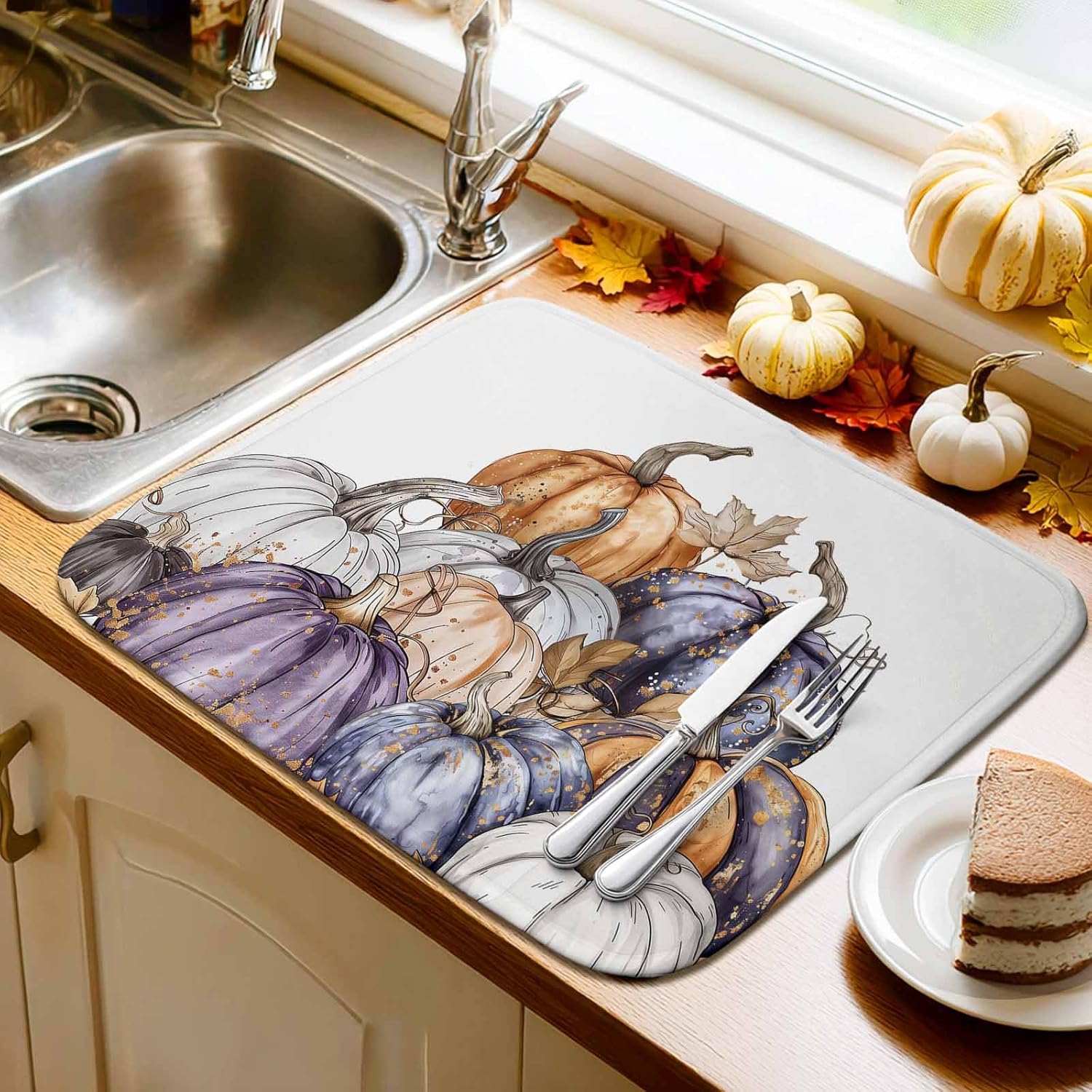 Dish Drying Mat for Kitchen Counter Fall White Brown Purple Pumpkin Highly Absorbent Dish Drainer 18 x 24 Inches Dish Drying Pad for Kitchen Counter, Sink, Draining Racks 2PCS