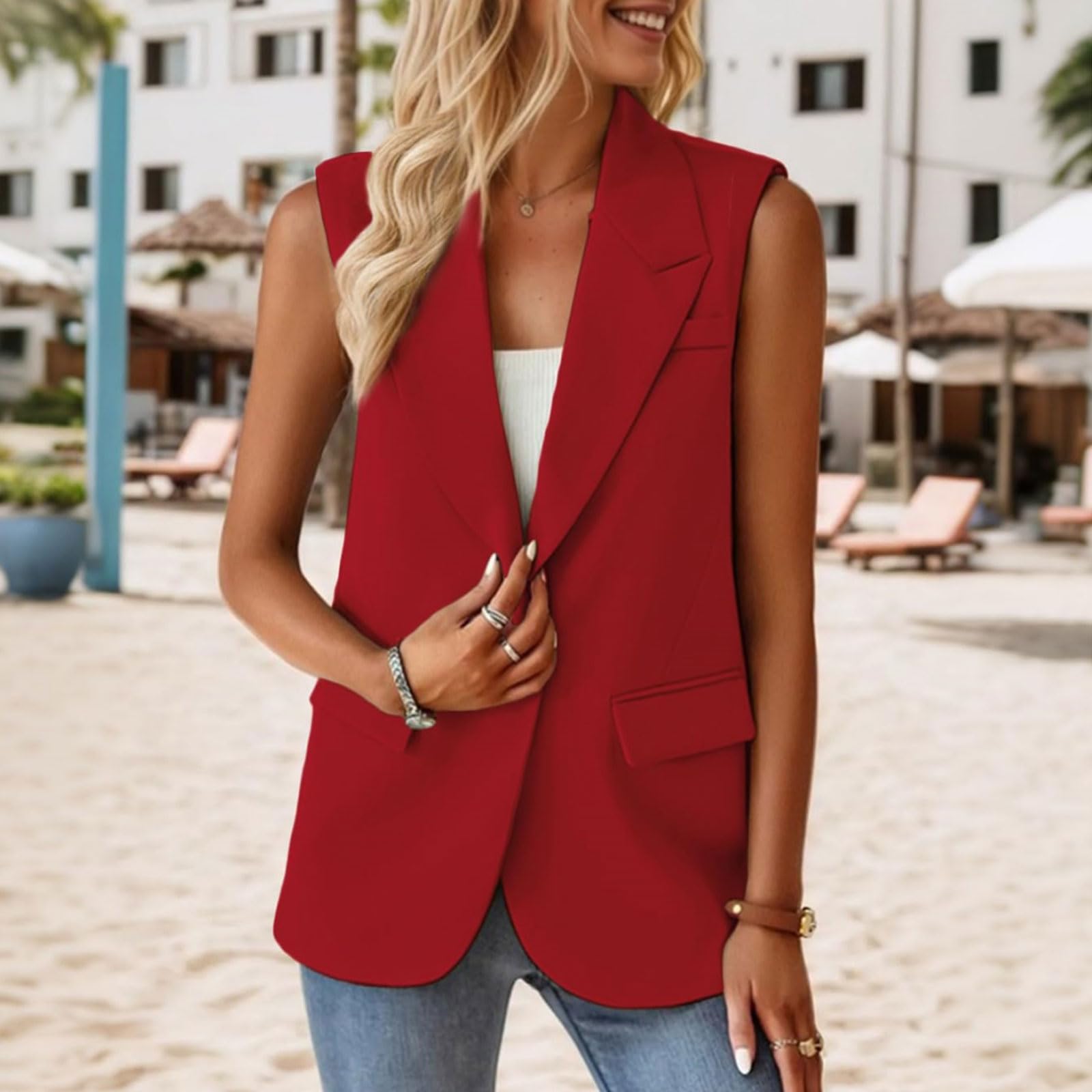 Gilet sans manches pour femme - Blazer boutonné ouvert sur le devant - Veste habillée - Tenue décontractée - Vêtements de travail de bureau