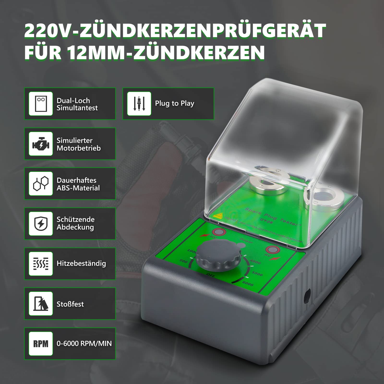 MRCARTOOL - Tester per candele, per auto, con presa a due fori regolabile, 220 V, con coperchio di protezione trasparente, analizzatore per veicoli da 12 V