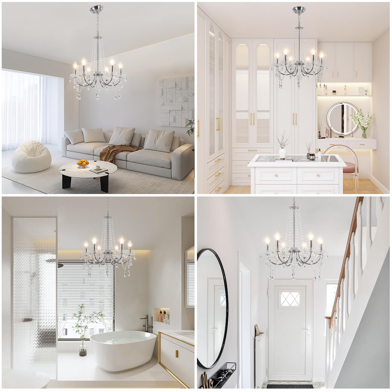 Modern Kronleuchter Kristall Silber 6 Flammig Kronleuchter Vintage Chrom | Hängeleuchte Kristall Hängelampe Vintage Pendelleuchte Esstisch Kristall Lampe Kronleuchter Wohnzimmer Schlafzimmer Esszimmer