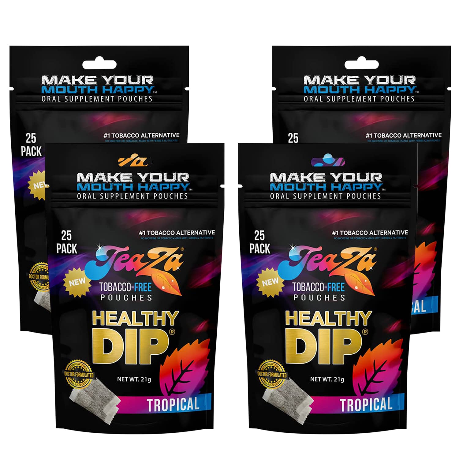 Teaza Herbal Energy Pouches Chewing Tobacco Alternative Nicotine Free Dip, Smokeless Alternative Snuff & Healthy Dip, Tropical Flavor (4 Pack) Mouthwatering Tropical Fruits Pineapple Mango Citrus