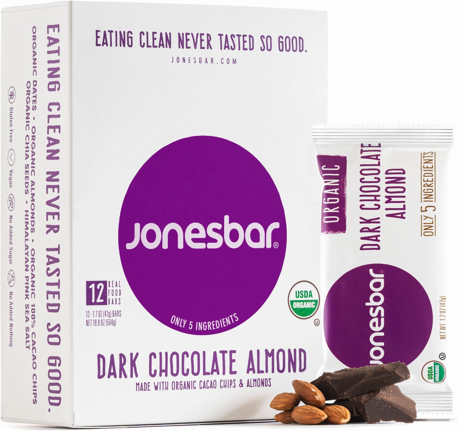 JONESBAR Organic Plant Based Protein Bars | Dark Chocolate Almond | Fruit & Nut Bar, Kosher, Gluten Free, Breakfast Bars, School Snacks, Vegan Snack & Healthy Snacks for Adults and Kids (Pack of 12)