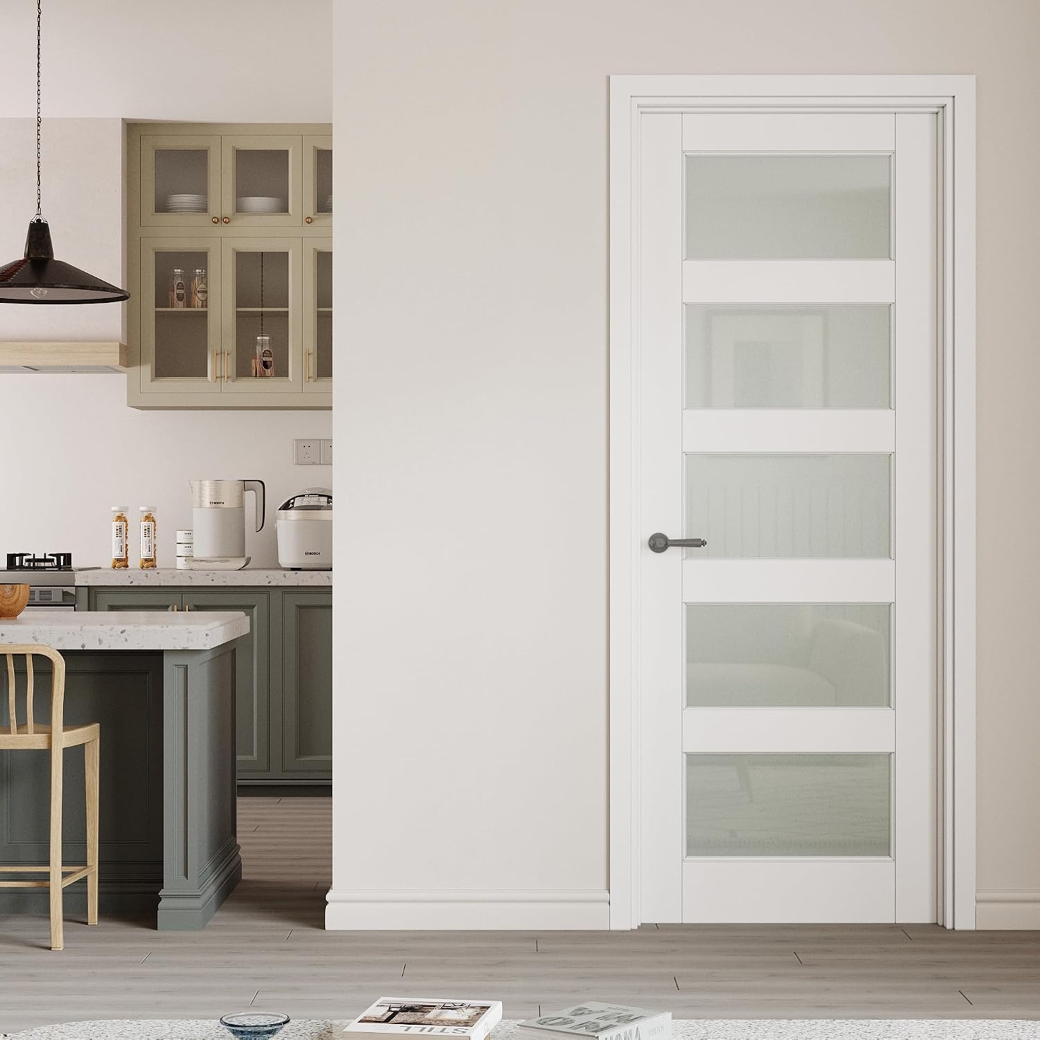 30" x 80" Prehung Door 5-Lite Tempered Frosted Glass Slab Doors with Jamb Kit, Solid Core MDF Interior Door for Bathroom Pantry Laundry, Easy Assemble - Left Handed