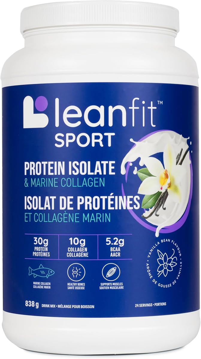 LeanFit LEANFIT SPORT PROTEIN ISOLATE & MARINE COLLAGEN, Natural Vanilla, Grass-Fed Protein Isolate and 100% Hydrolyzed Marine Collagen Powder (Type I, III), 30g Protein and 10g Collagen Per Serving, 24 Servings, 838g Tub