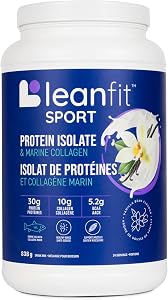 LEANFIT PROTÉINE ISOLÉE DE SPORT & COLLAGÈNE MARIN, Vanille naturelle, isolat de protéine provenant de vaches nourries à l'herbe et poudre de collagène marin 100 % hydrolysé (Type I, III), 30 g de protéines et 10 g de collagène par portion, 24 portions, tub de 838 g