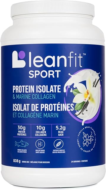 LEANFIT ISOLATED SPORT PROTEIN & MARINE COLLAGEN, natural vanilla, protein isolate from grass-fed cows and 100% hydrolyzed marine collagen powder (Type I, III), 30g protein and 10g collagen per serving, 24 servings, 838g tub