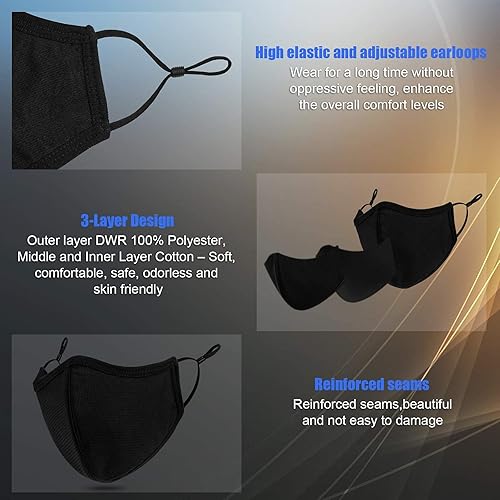 Miniatura 8 de comfso Paquete de 5 mascarillas faciales de tela reutilizables de 3 capas (tamaño mediano) transpirables con lazo ajustable para las orejas,