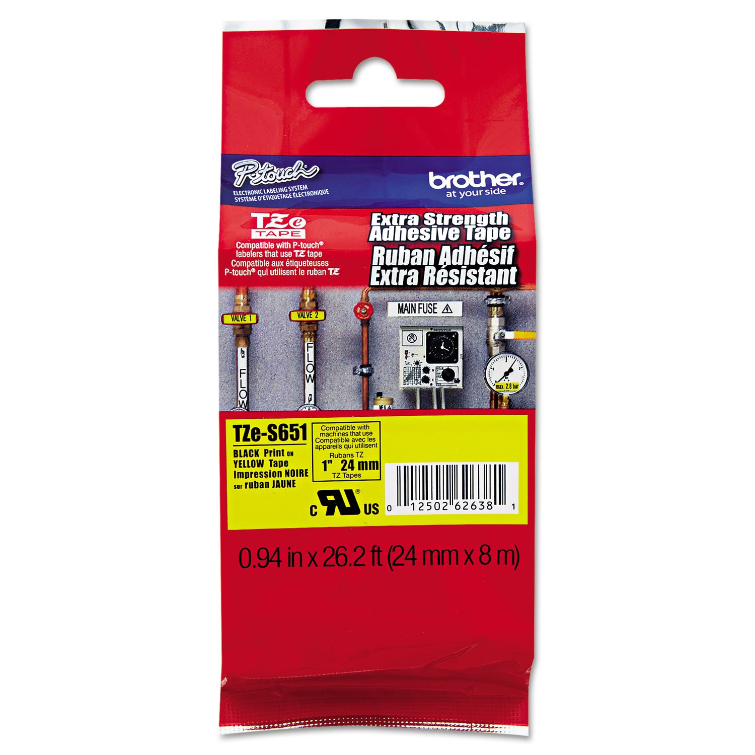 Brother TZES651 TZe Extra-Strength Adhesive Laminated Labeling Tape, 1-Inch w, Black on Yellow