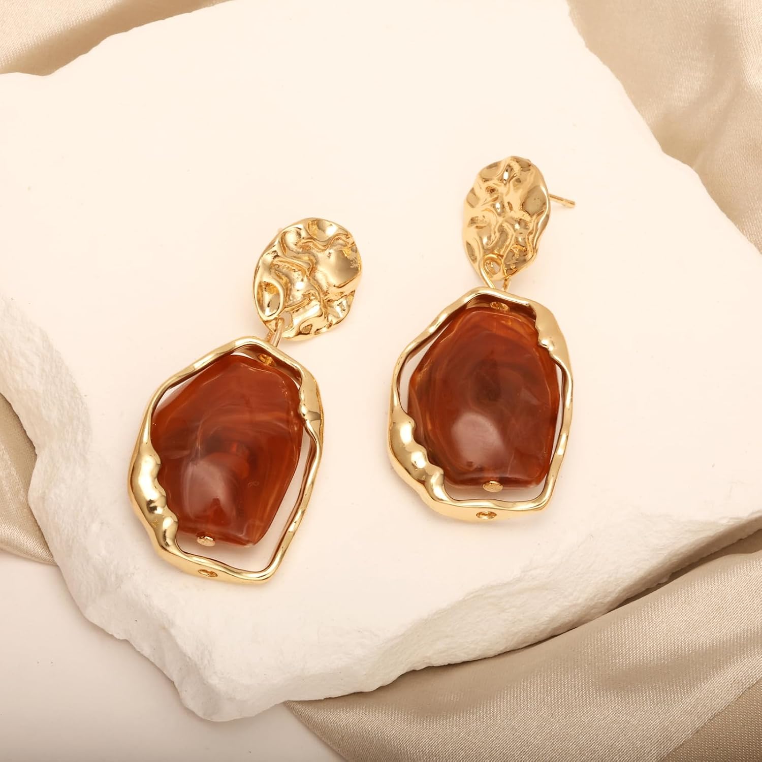 Dr's gift Brown Crystal 14K Gold Plated Statement Earrings for Women Drop Dangle Chunky 14K Gold Plated Earrings with Irregular Brown Stone Trendy Vintage Jewelry - Image 5