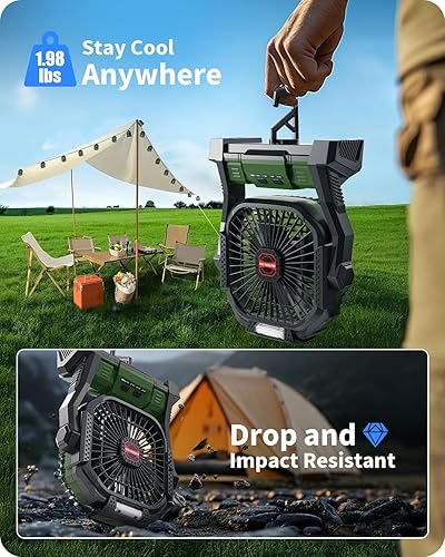 Miniatura 7 de Ventilador portátil con pilas, ventilador de campamento recargable de 20000 mAh con linterna LED, gancho para colgar, equipo de campamento