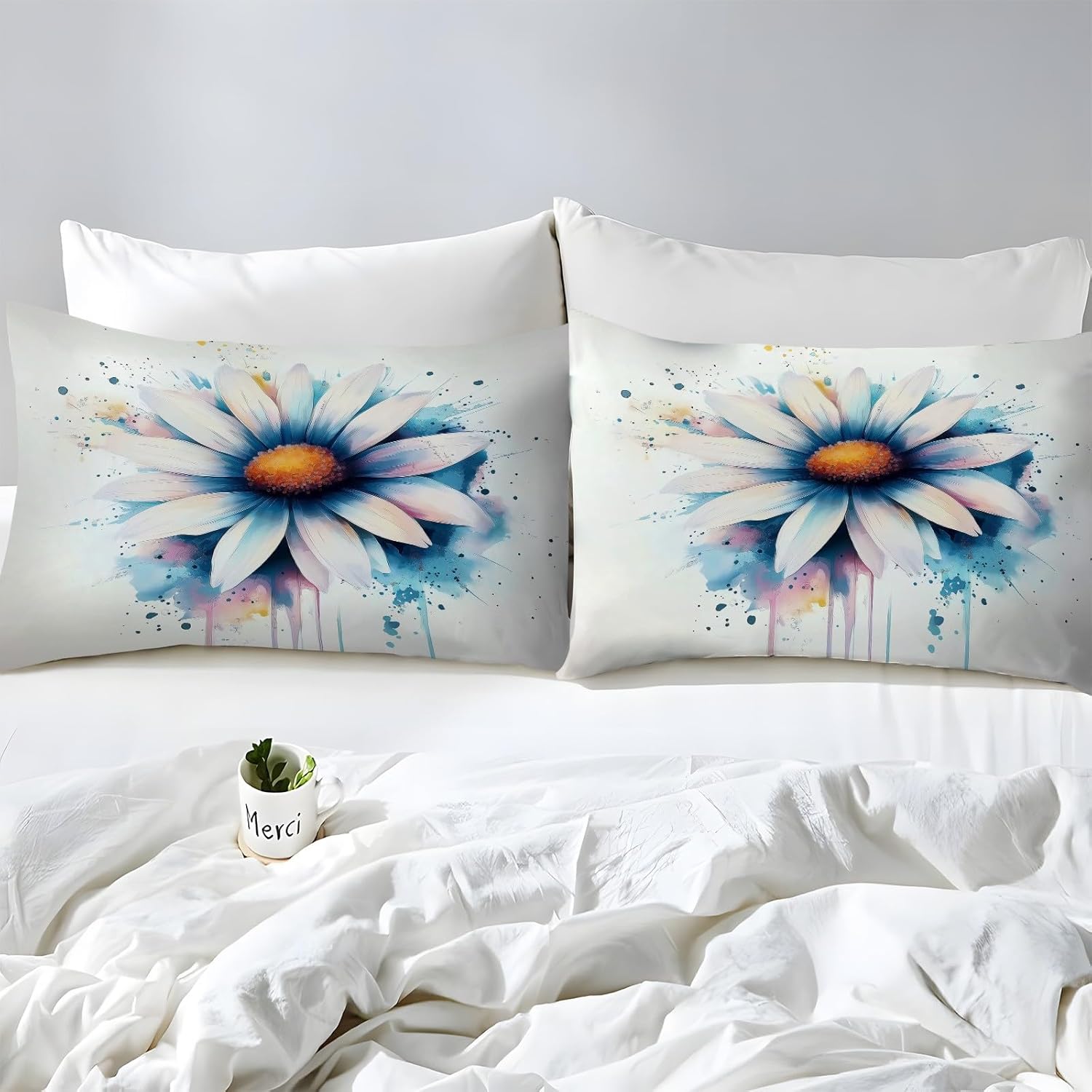 Watercolor Plants Bed Sheet - Plant Watercolor Painting Daisies Microfiber Bedding Set 1 Fitted Sheet 1 Flat Sheet 2 Pillow Case - Ultra Soft Wrinkle King Size Sheet Set
