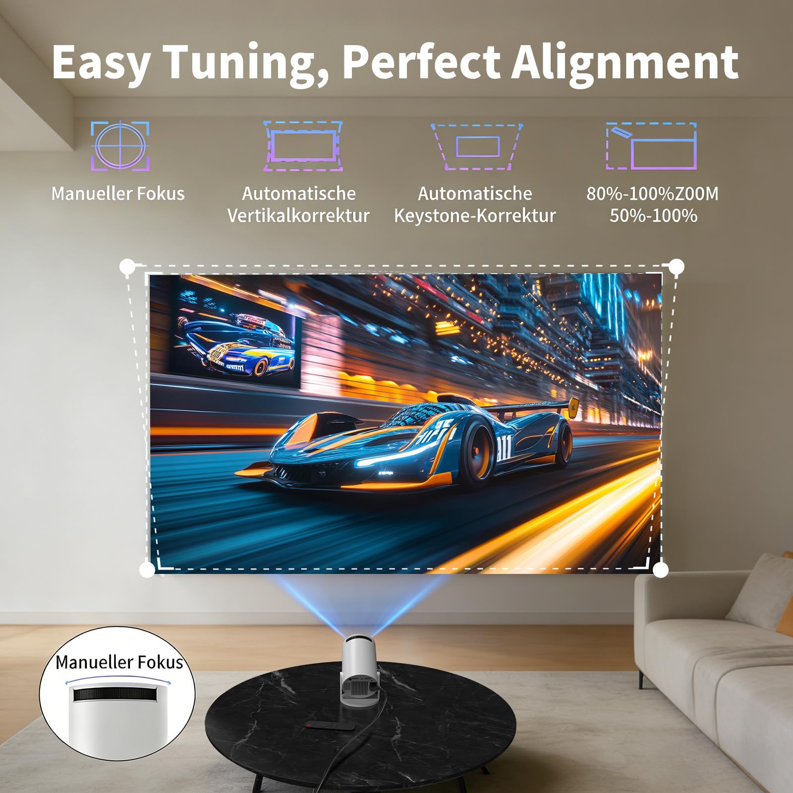 Mini Beamer 4K 1080P Smart Projektor mit WiFi 6 Bluetooth 5.4 Auto Trapezkorrektur 180° Dreh Heimkino Outdoor Kompatibel HDMI TV Stick Laptop