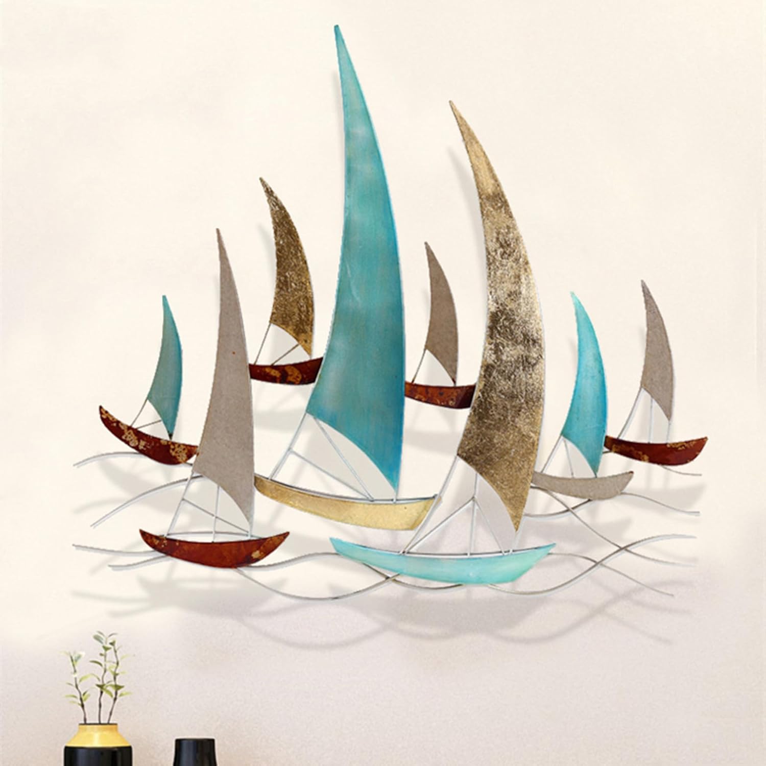 edaknez 3D Metal Ship Wall Decor, Large Sailboat Wall Sculpture, Coastal Nautical Ocean Wall Art, Metal Boat Wall Hanging, for Living Room Bedroom Indoor Outdoor (Distressed Rustic)