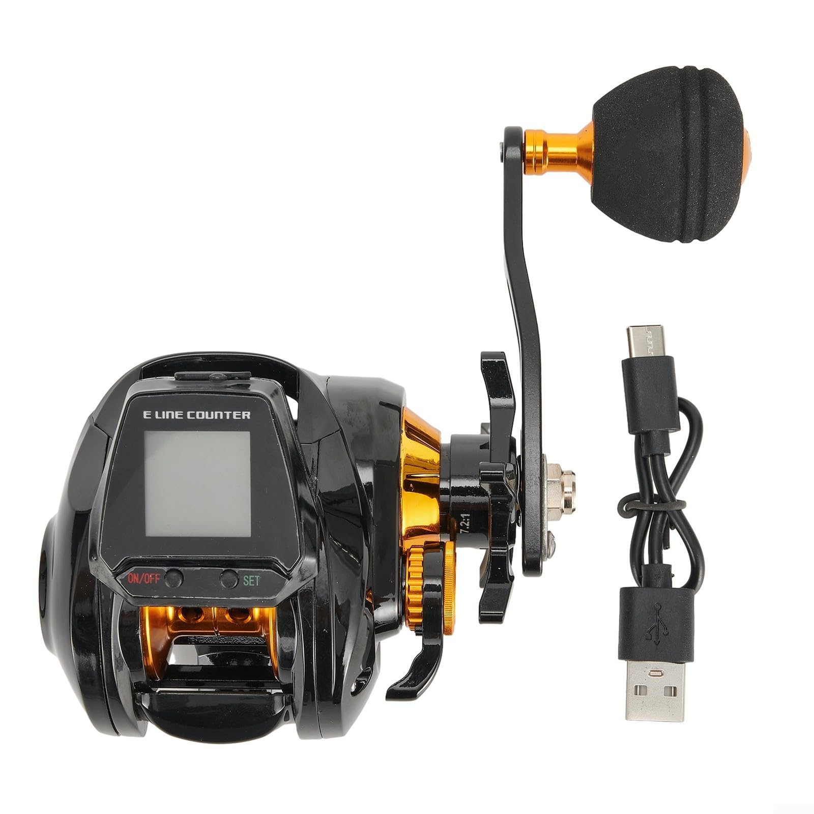 Carrete de pesca de aluminio, pantalla digital grande, recargable, alarma de mordida