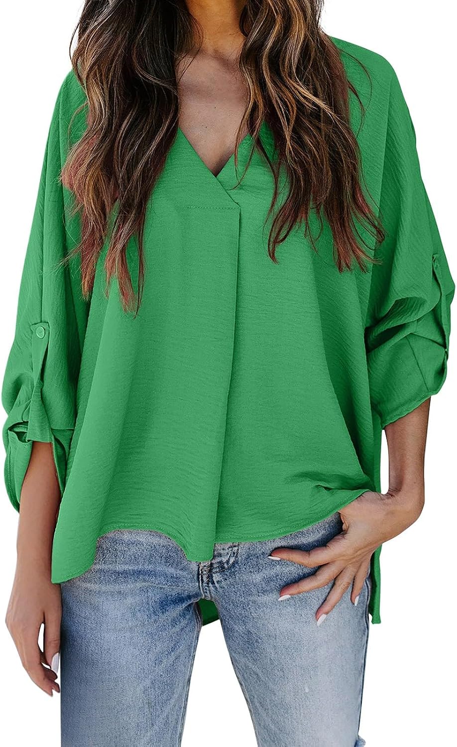 Women Blouses Dressy Casual V Neck 3/4 Length Sleeve Womens Tops with Smocked Cuffs