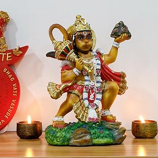 Hindu God Flying Hanuman Statue - 9.2”H Jayanti Murti Pooja Diwali Gift for Indian Friend Family Altar Puja Item Home Office Temple Mandir Shrine Yoga Meditation Spiritual Decoration